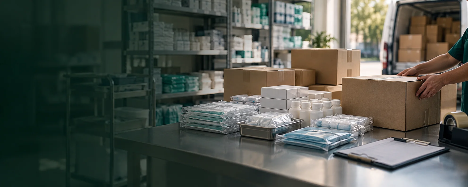 Suprimentos médicos organizados e caixas sendo preparados para entrega a uma clínica