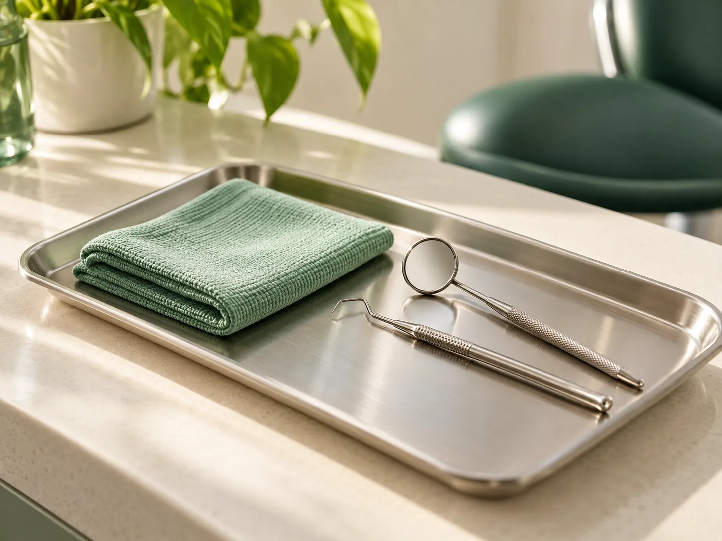 Bandeja com instrumentos odontológicos genéricos e tecido verde